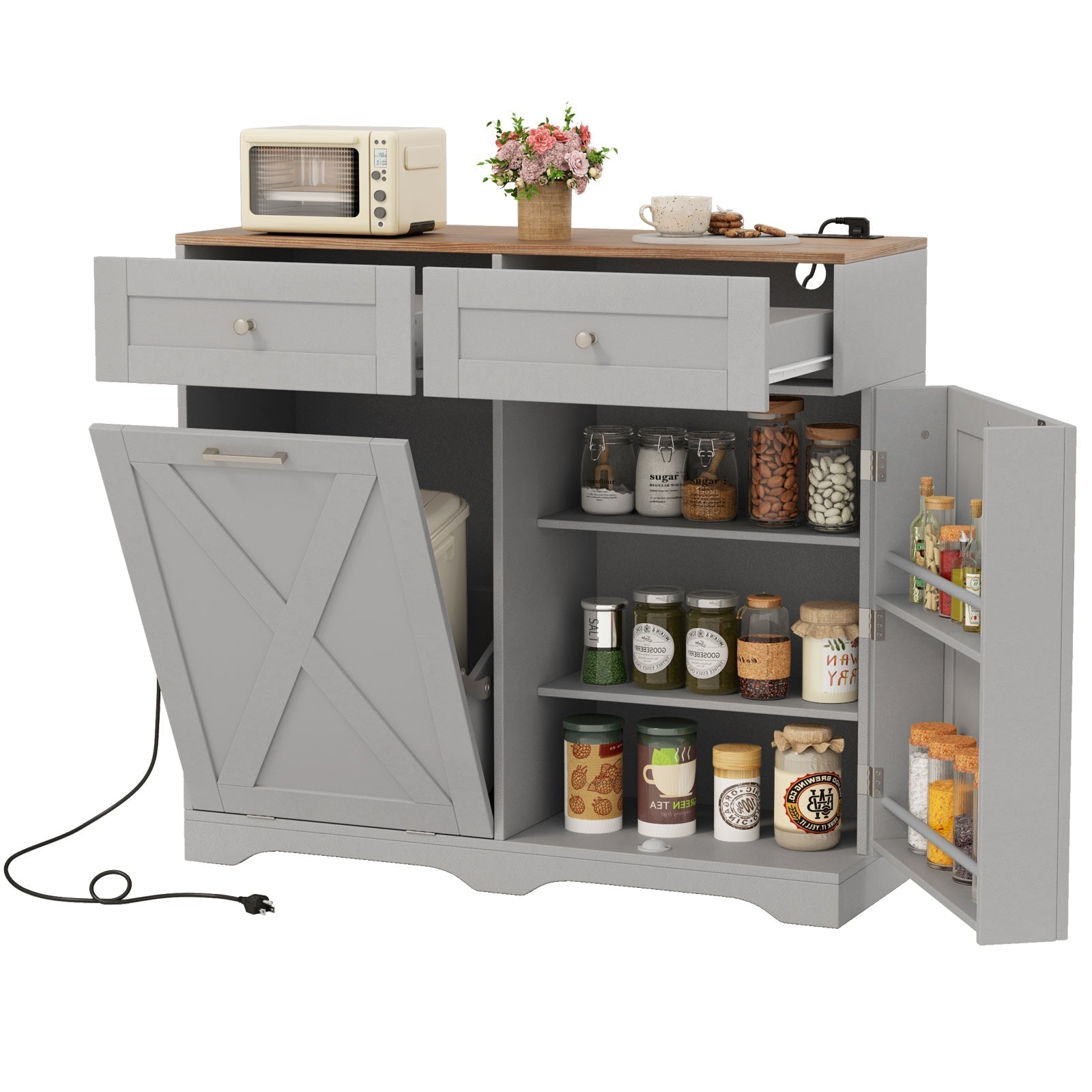 Tilt Out Trash Can Cabinet with Outlets and Adjustable Shelf