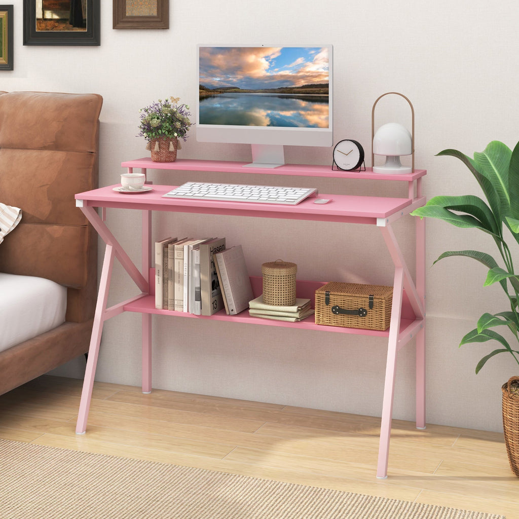 Space Saving Computer Desk with Monitor Stand and Extra Storage Shelf for Work Study