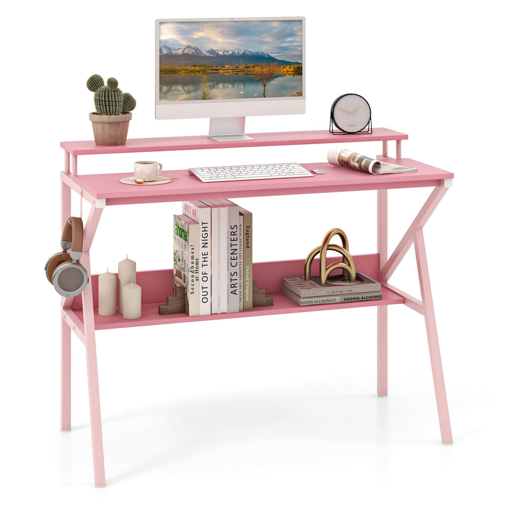 Space Saving Computer Desk with Monitor Stand and Extra Storage Shelf for Work Study