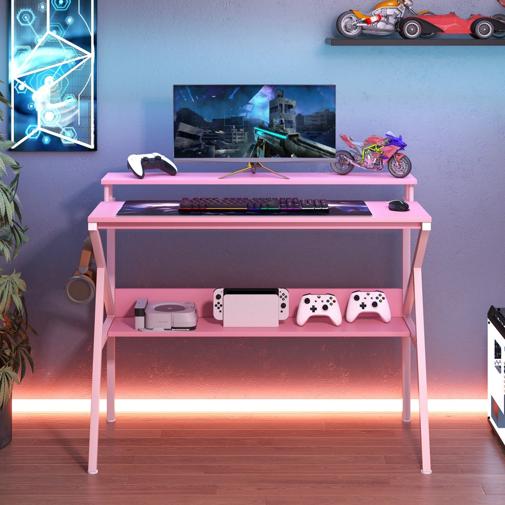 Space Saving Computer Desk with Monitor Stand and Extra Storage Shelf for Work Study