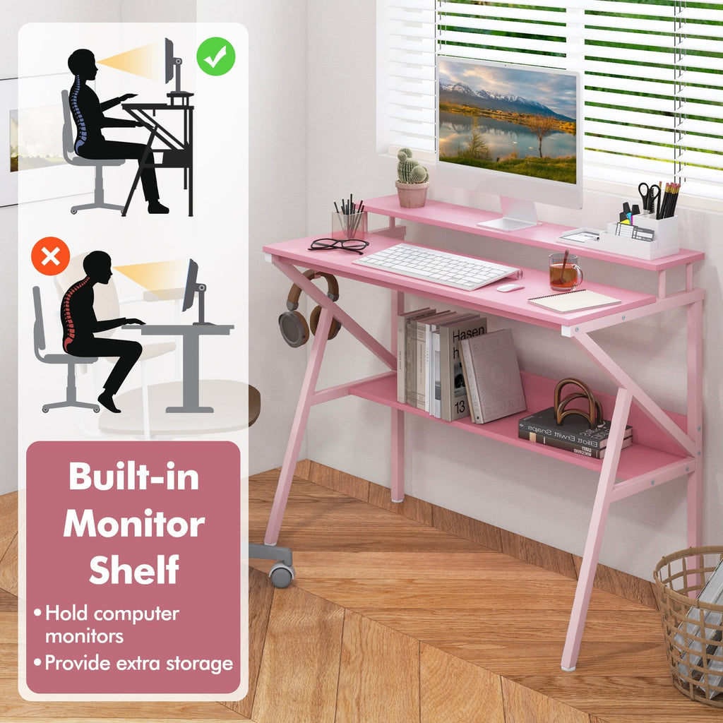 Space Saving Computer Desk with Monitor Stand and Extra Storage Shelf for Work Study