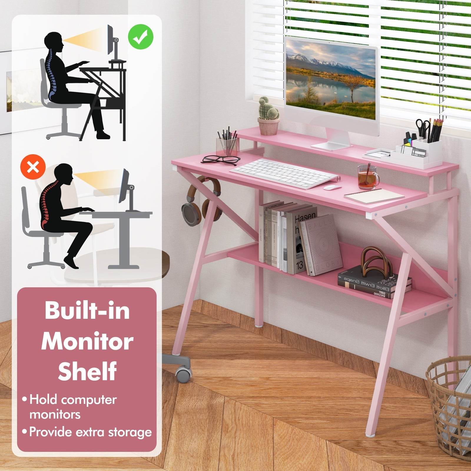 Space Saving Computer Desk with Monitor Stand and Extra Storage Shelf for Work Study