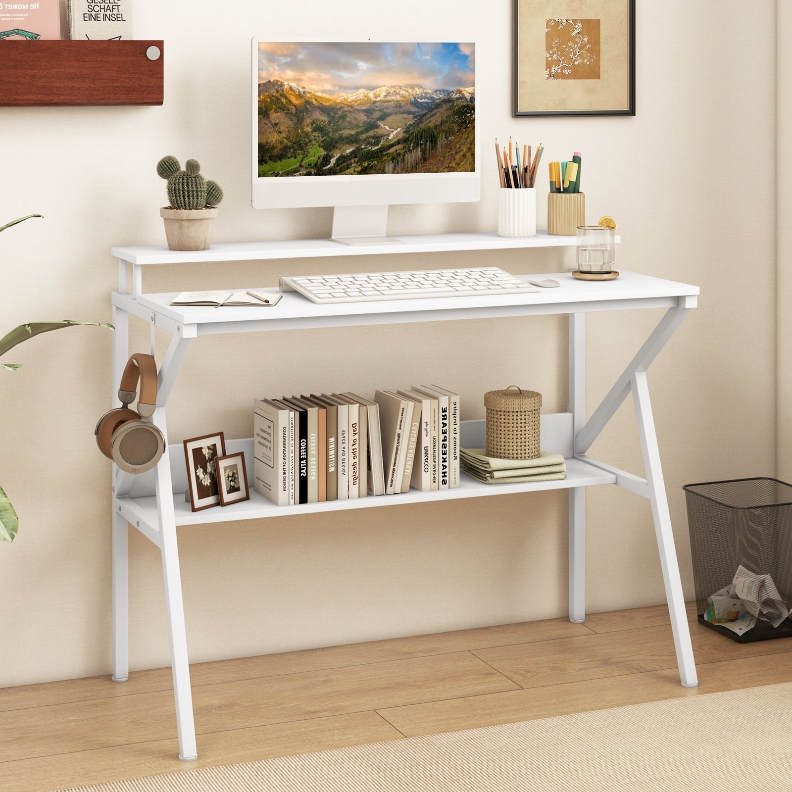 Space Saving Computer Desk with Monitor Stand and Extra Storage Shelf for Work Study
