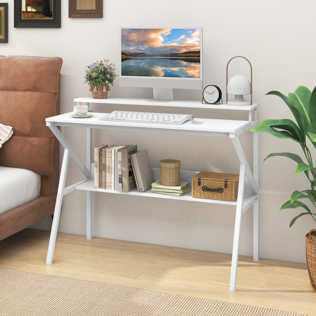 Space Saving Computer Desk with Monitor Stand and Extra Storage Shelf for Work Study
