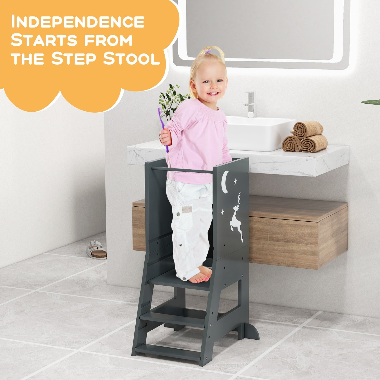 Toddler Kitchen Stool Baby Standing Tower with Chalkboard and Whiteboard