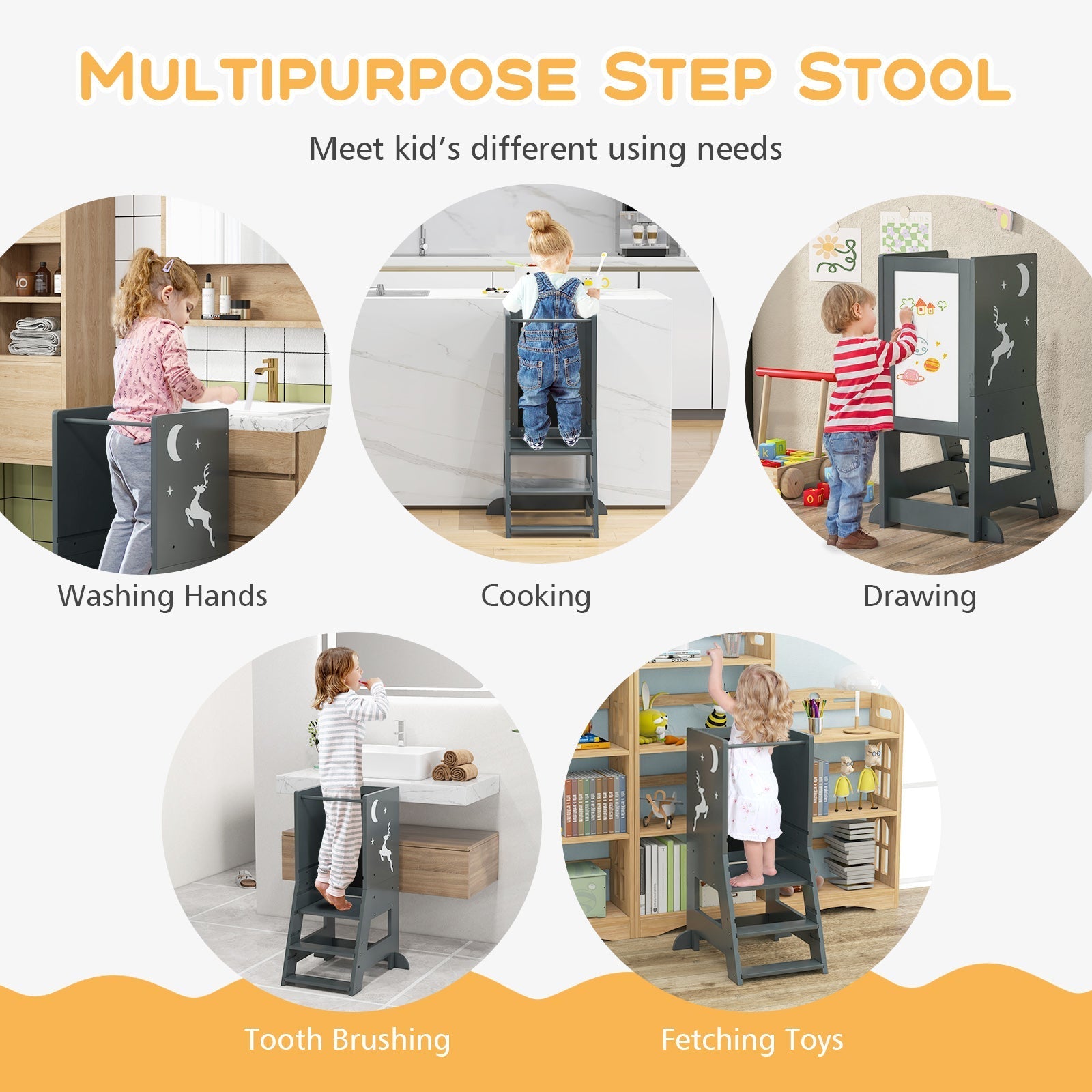 Toddler Kitchen Stool Baby Standing Tower with Chalkboard and Whiteboard