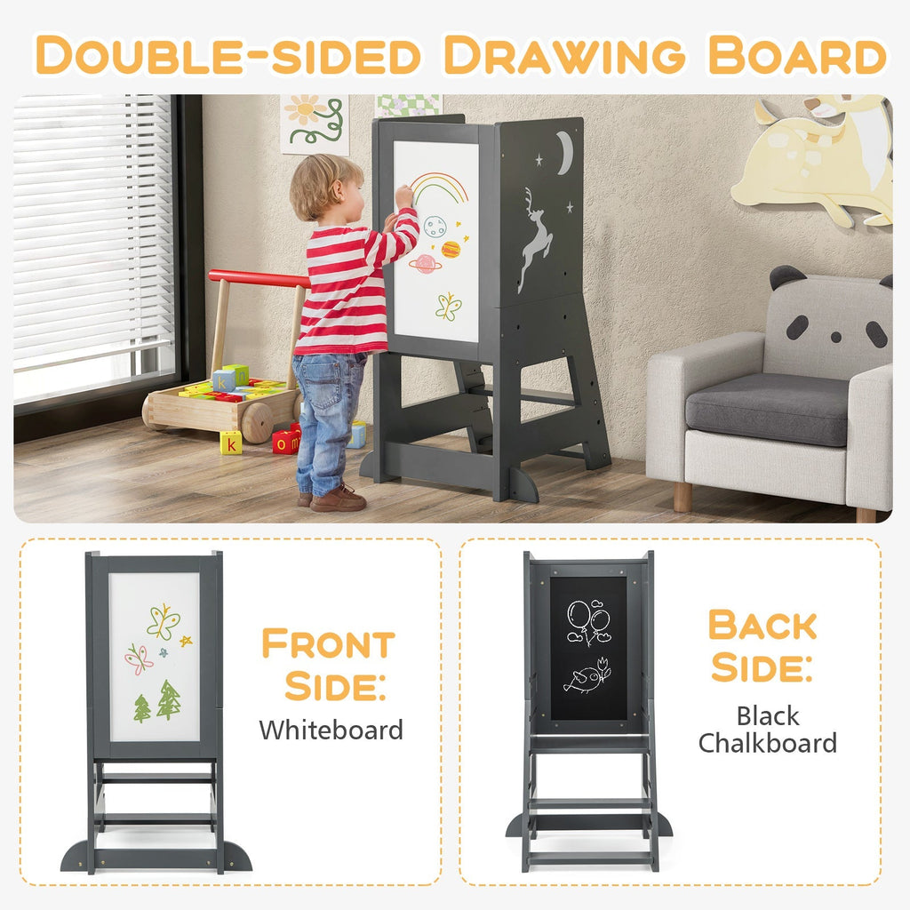 Toddler Kitchen Stool Baby Standing Tower with Chalkboard and Whiteboard