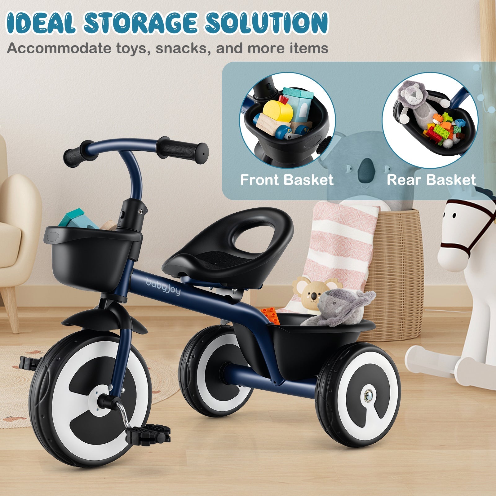 Toddler Tricycle with Adjustable Seat and Storage Baskets for 1.5-5 Years Old