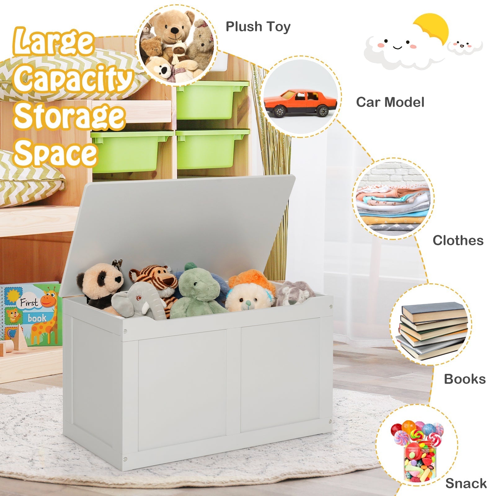 Safety Hinge Wooden Chest Organizer Toy Storage Box