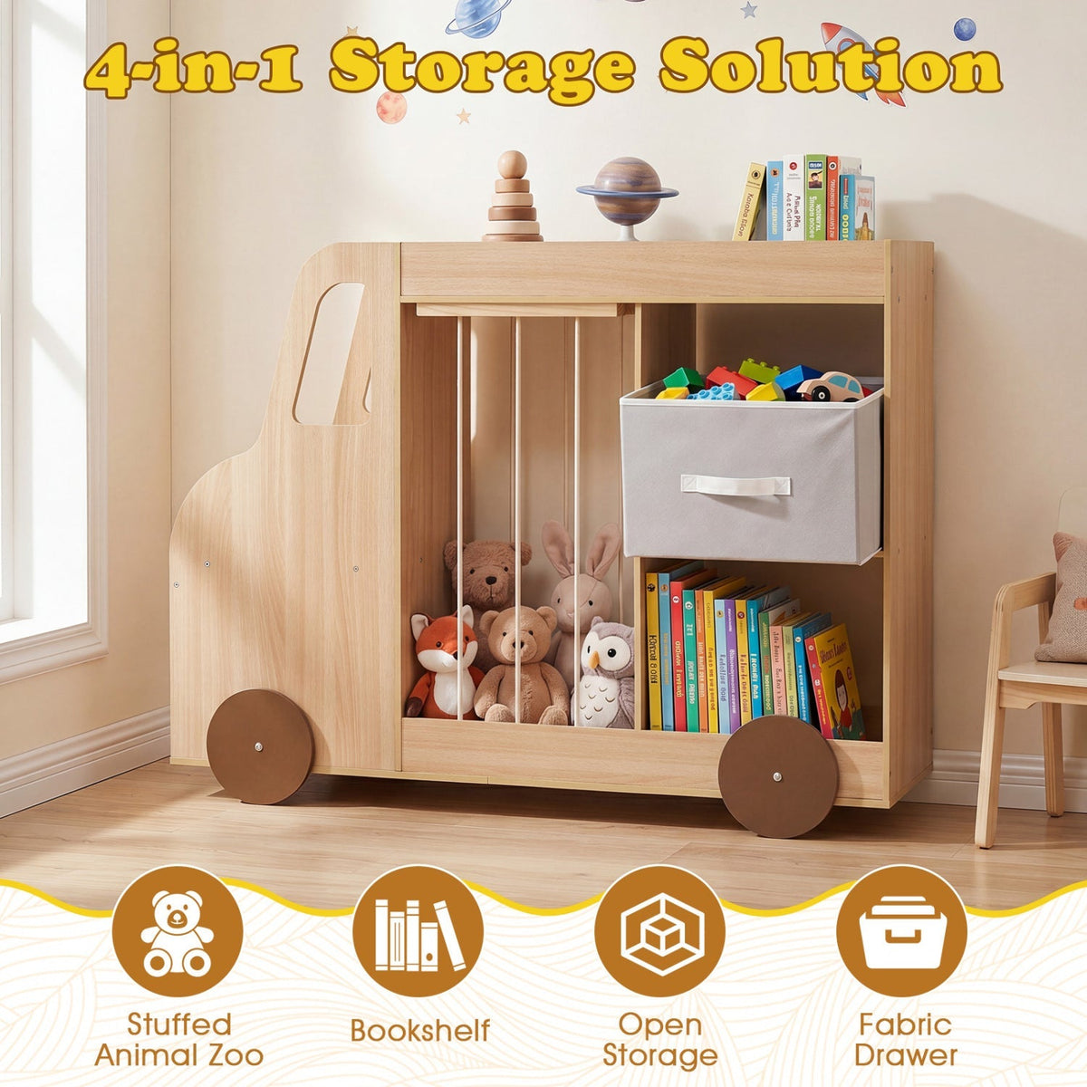 Kids Toy Storage Organizer with Wheels and Stuffed Animal Bin