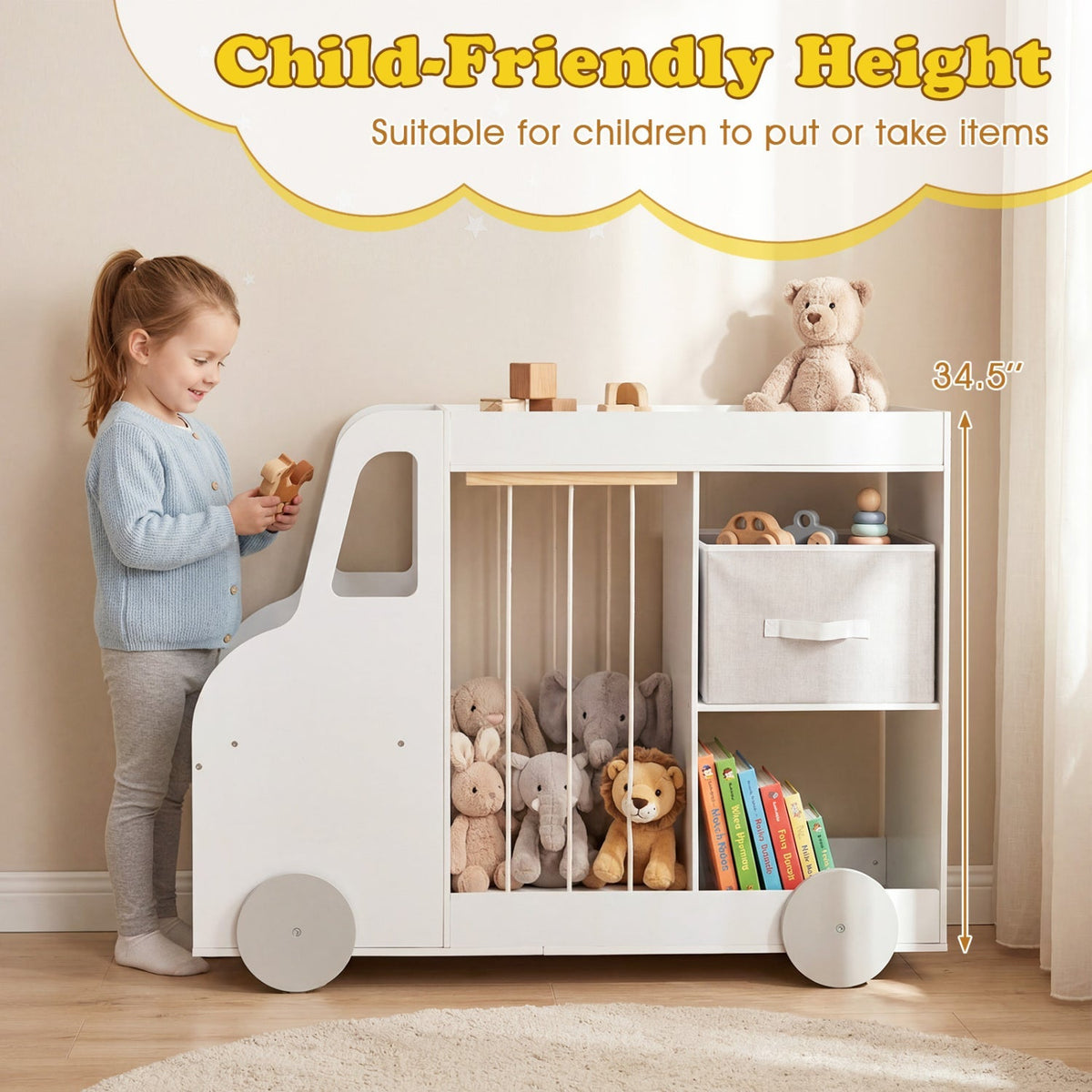 Kids Toy Storage Organizer with Wheels and Stuffed Animal Bin