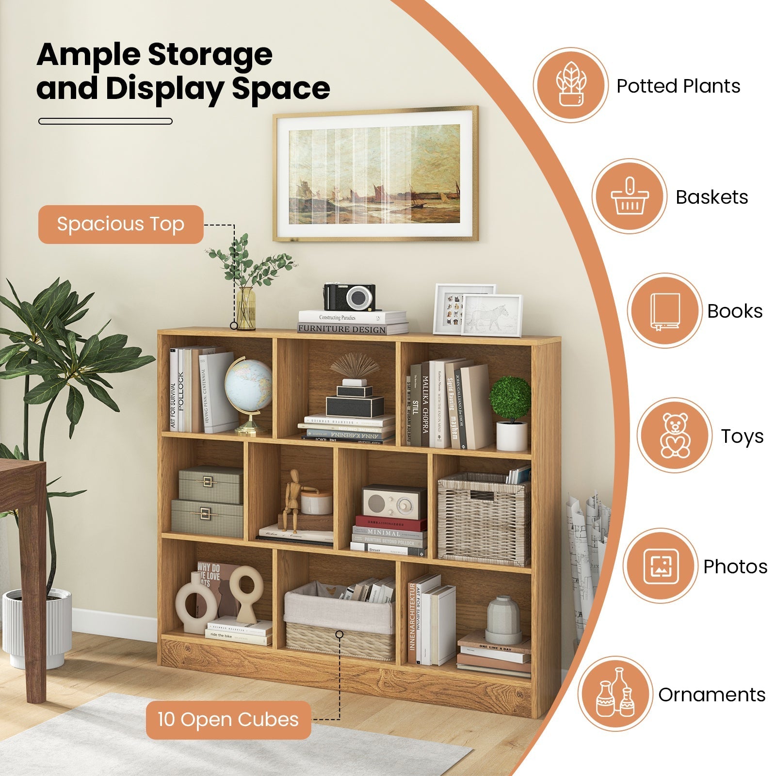 41 inches Wooden Toy Storage Organizer with 10 Cubes for Kids