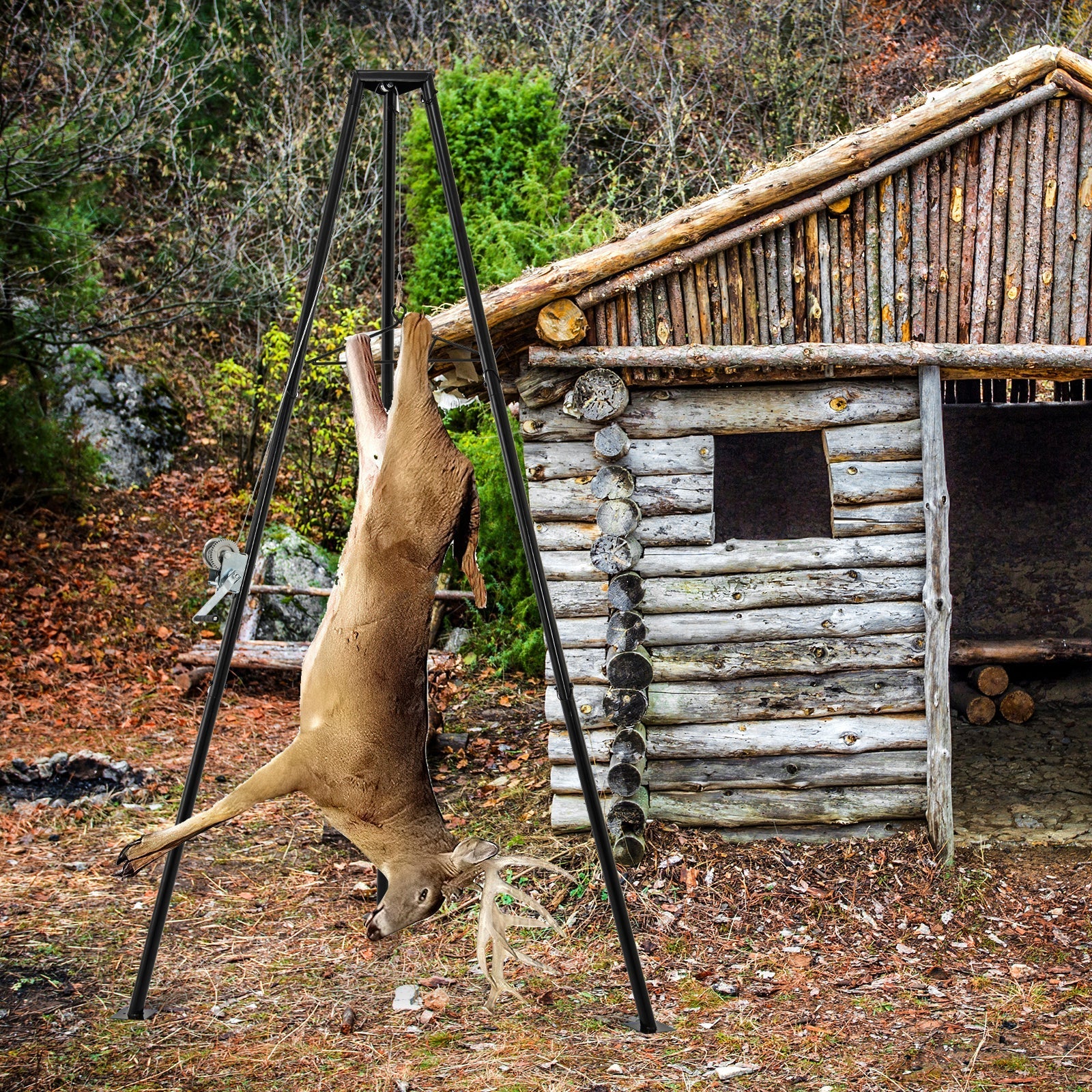 Tripod Game Hoist Deer Hanger 600 LBS Capacity Deer Skinning Rack-Black