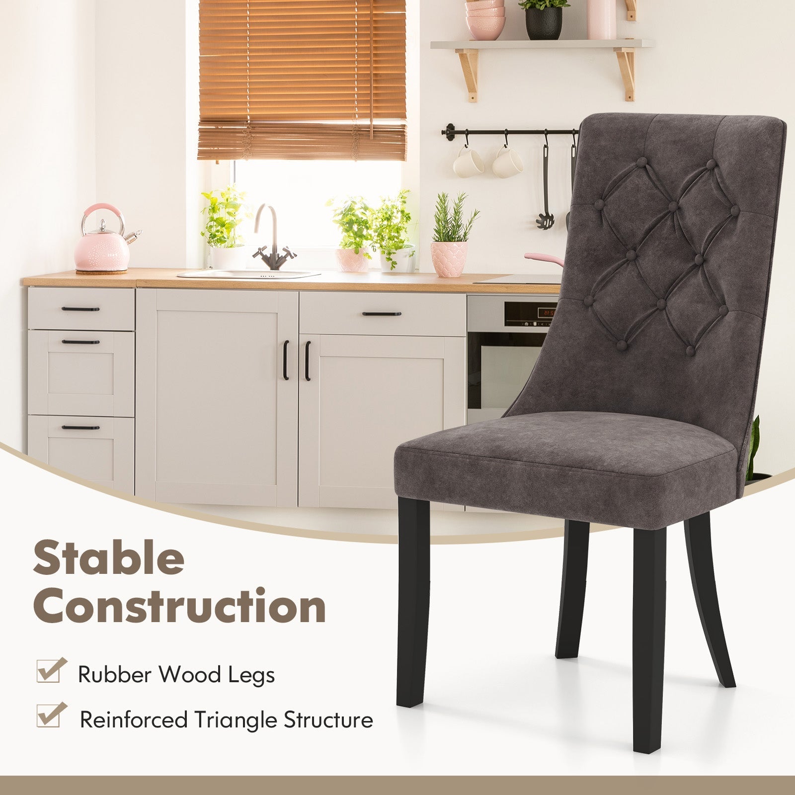 Tufted Dining Chairs Set of 2 with High Backrest and Padded Seat-Gray