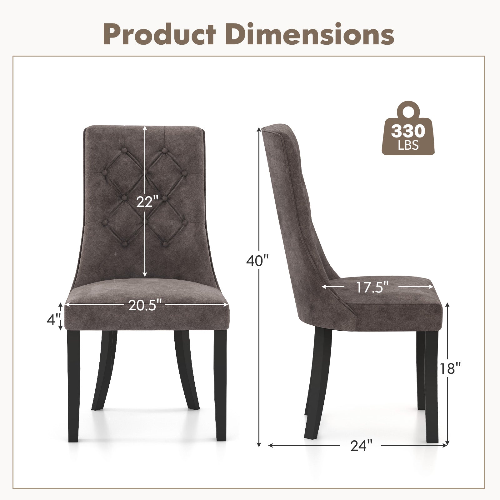 Tufted Dining Chairs Set of 2 with High Backrest and Padded Seat-Gray