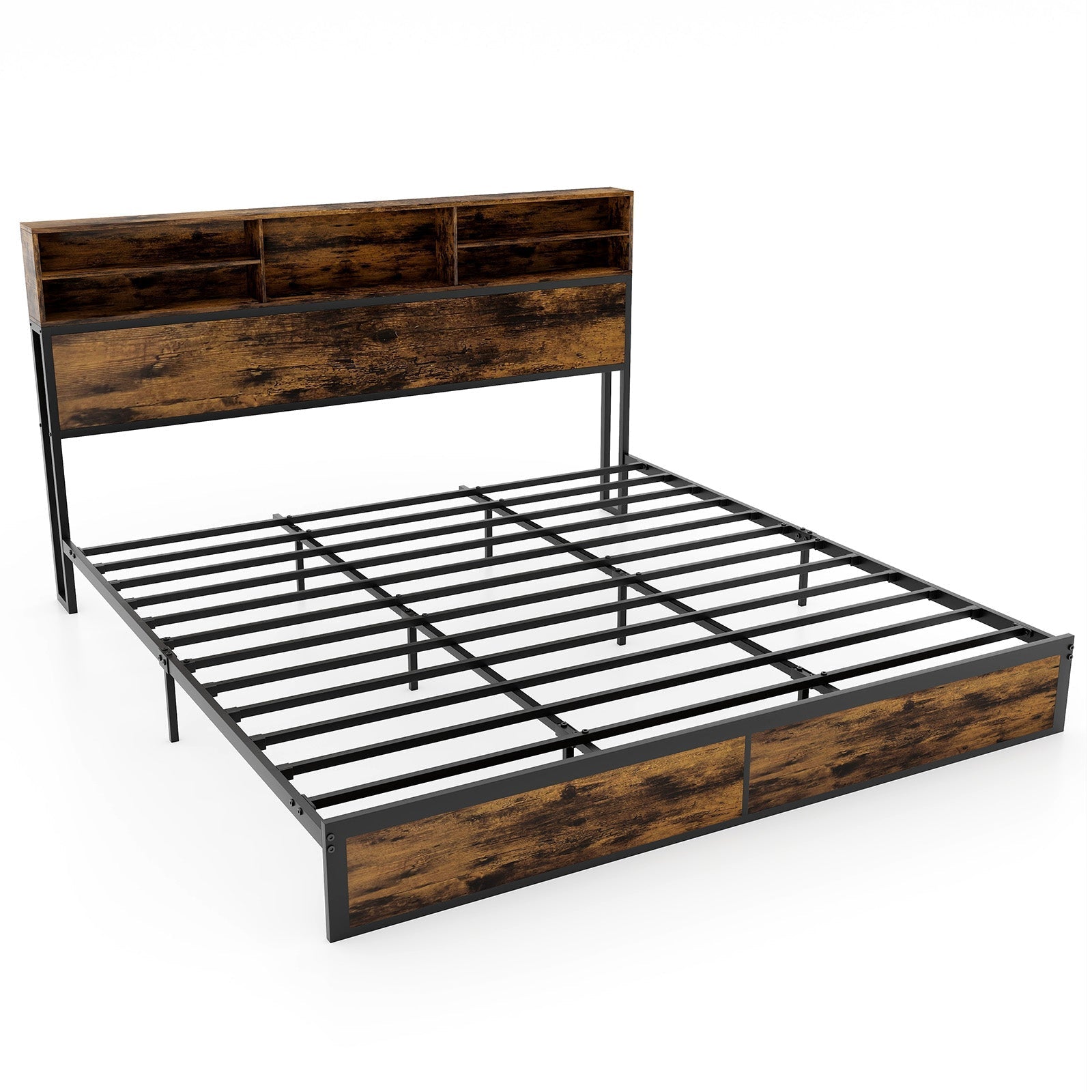 Twin/Full/Queen/King Size Bed Frame with Storage Headboard Industrial Metal Platform Bed