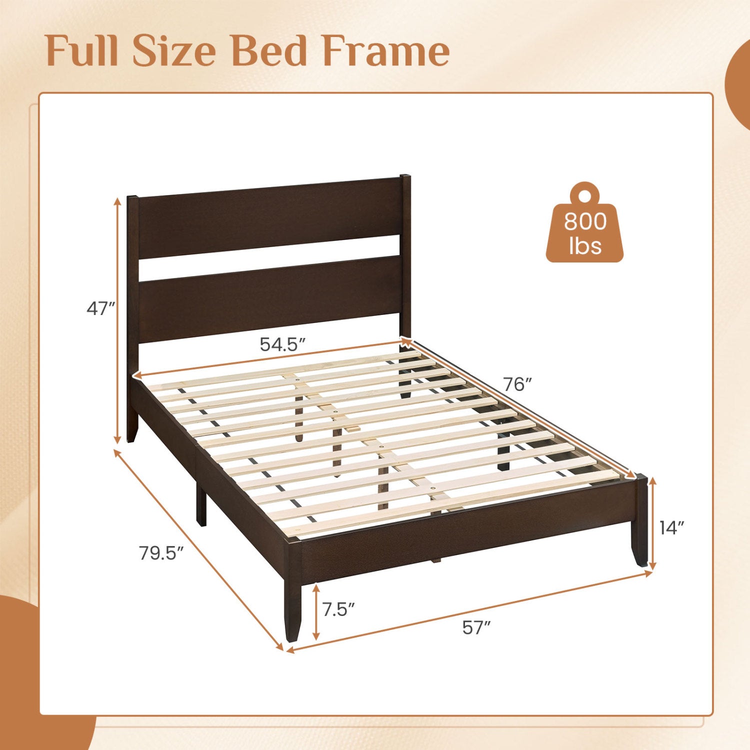 Full Bed Frame with Headboard and Solid Wood Legs