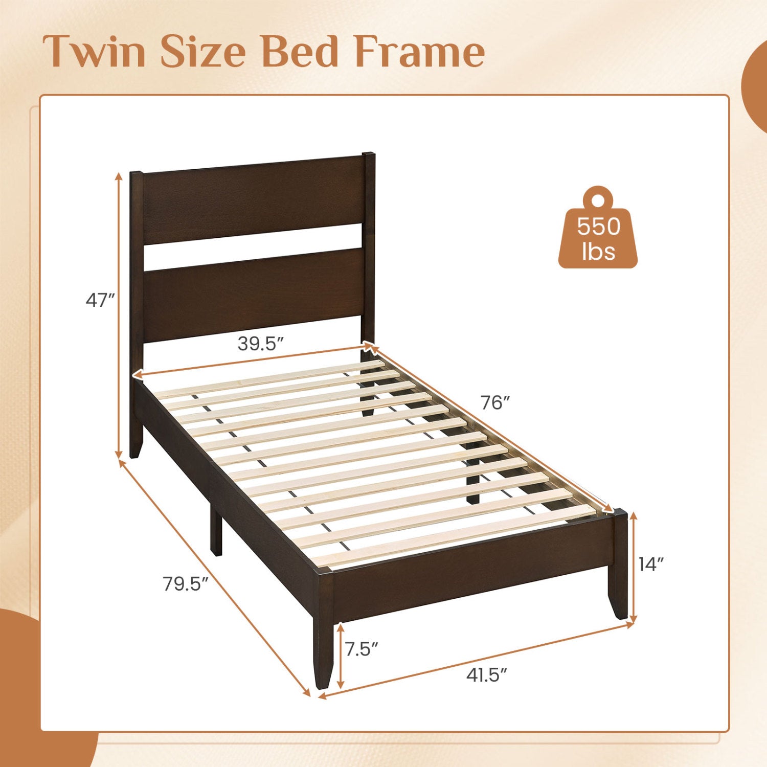 Twin Bed Frame with Headboard and Solid Wood Legs