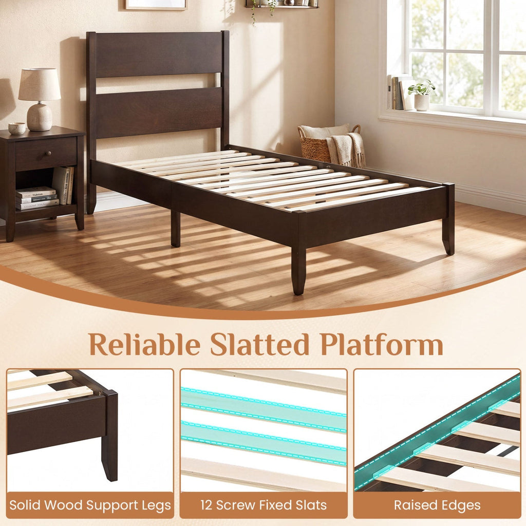 Twin Bed Frame with Headboard and Solid Wood Legs