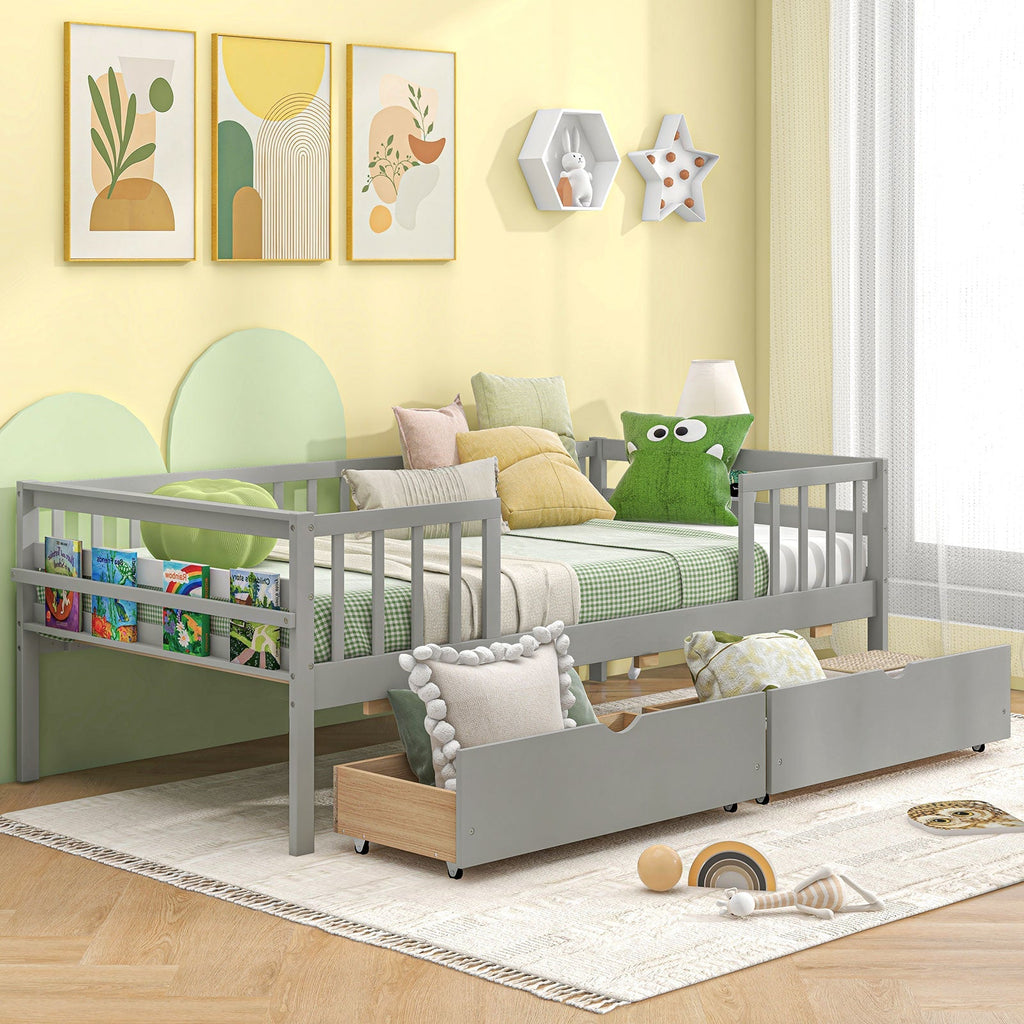 Twin Daybed with Fence and 2 Drawers Kids Bed for Boys & Girls
