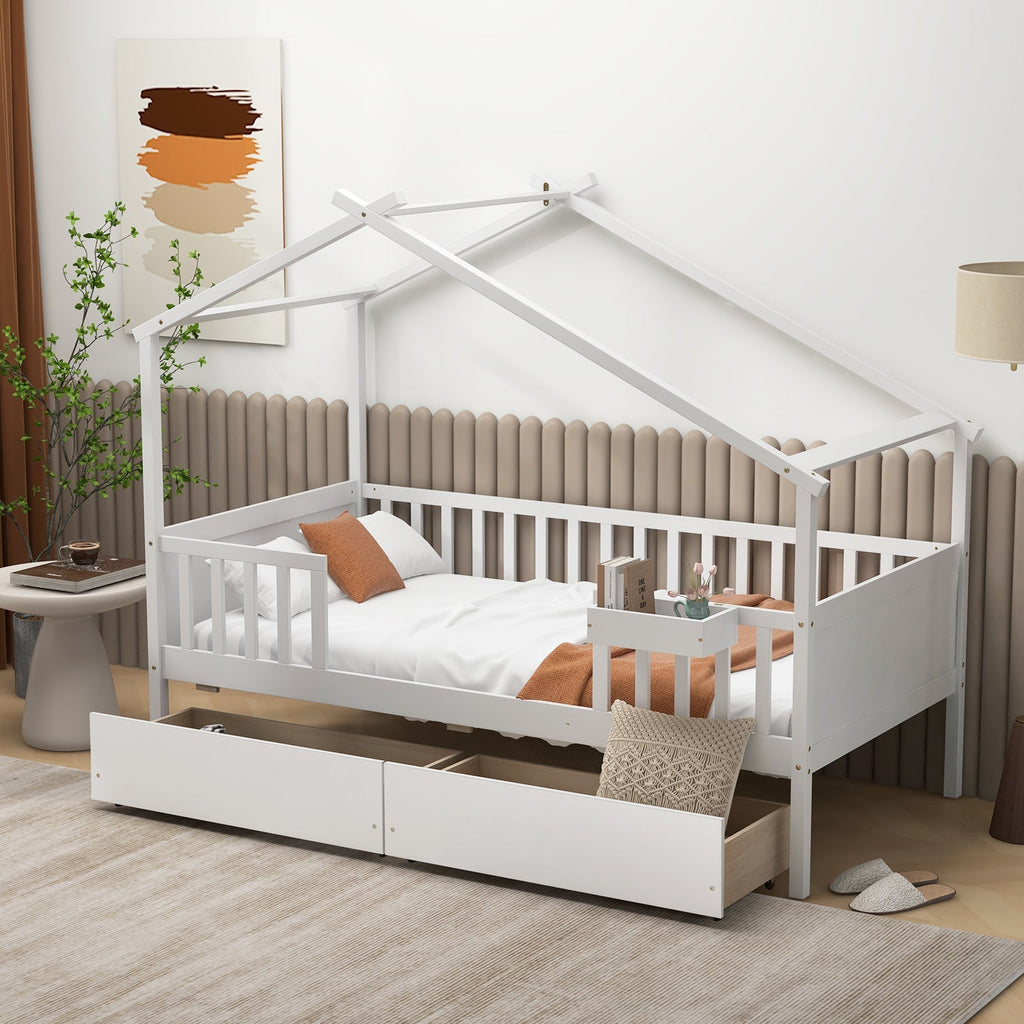 Twin House Bed with 2 Storage Drawers and Roof & Fence Rails