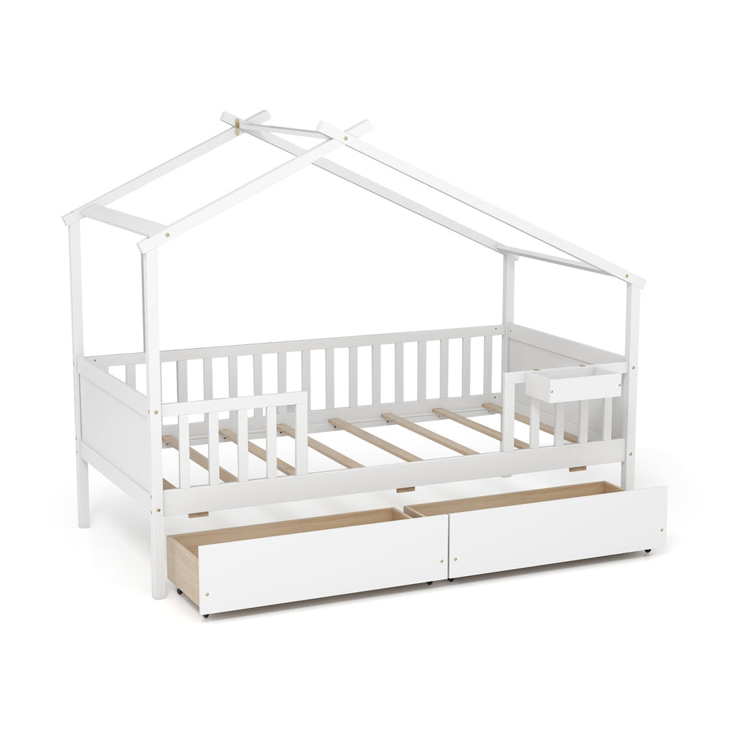 Twin House Bed with 2 Storage Drawers and Roof & Fence Rails
