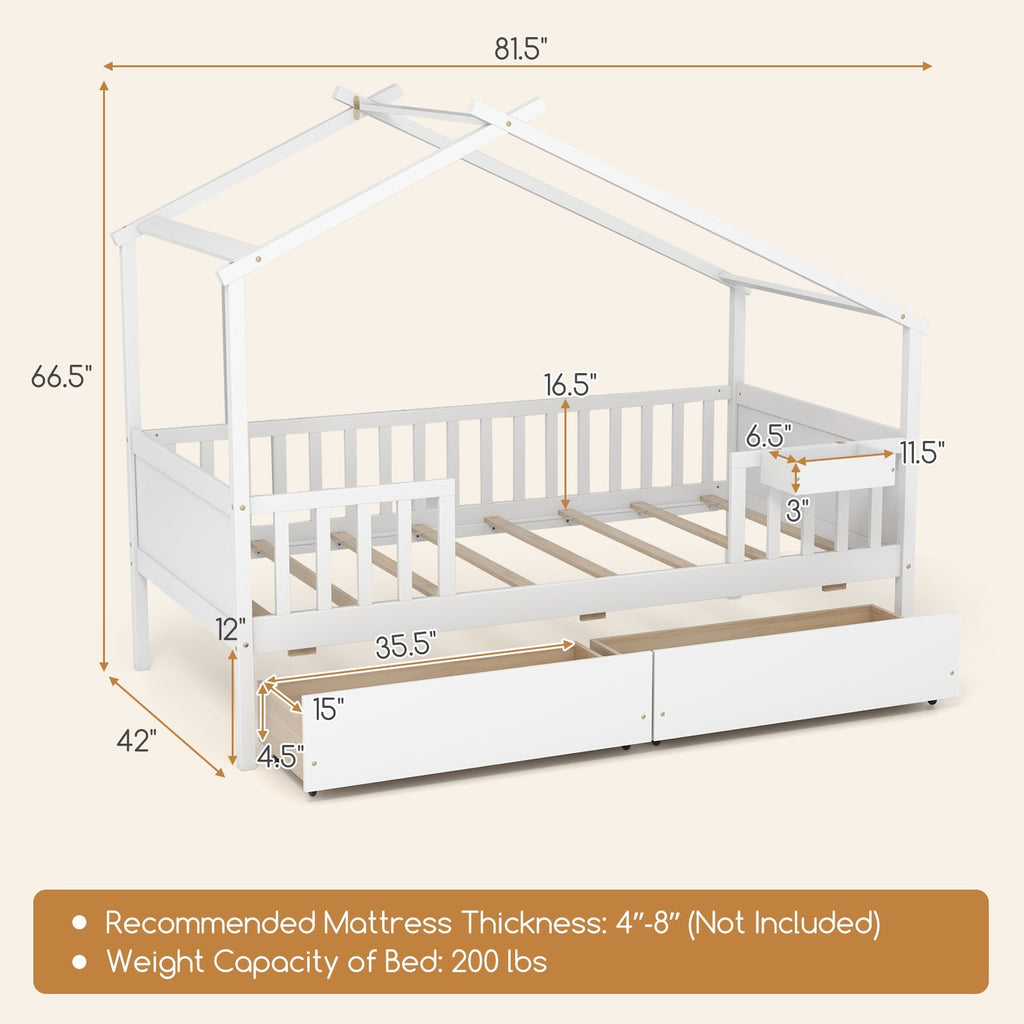 Twin House Bed with 2 Storage Drawers and Roof & Fence Rails