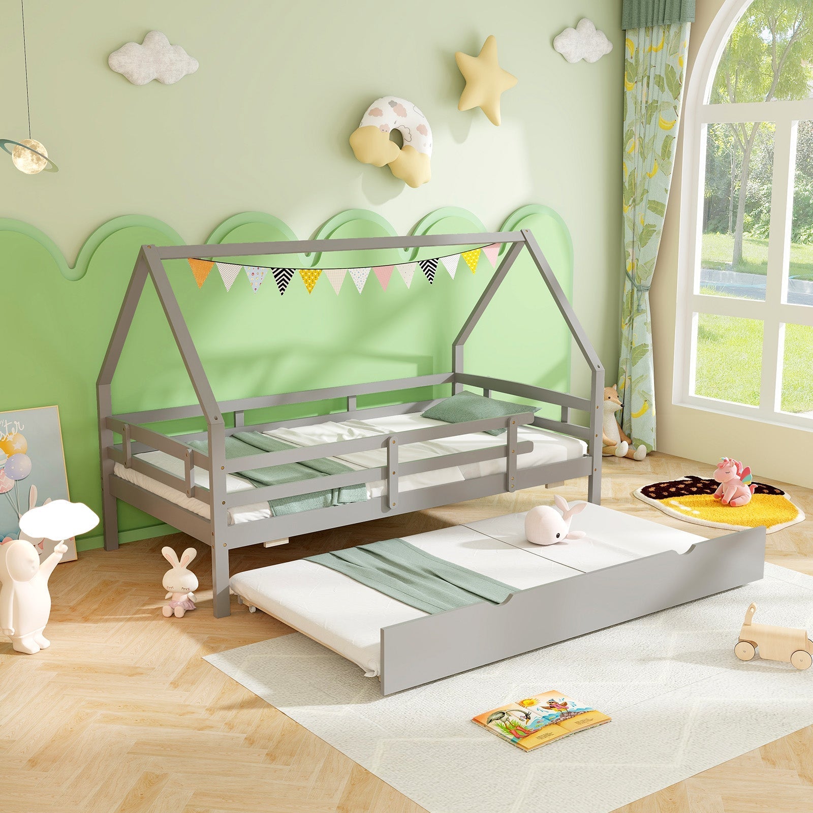 Twin House Bed with Trundle and Fence Rail