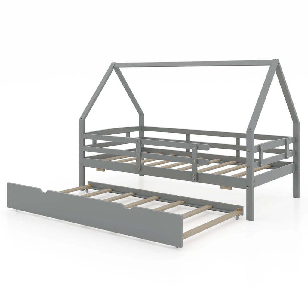 Twin House Bed with Trundle and Fence Rail