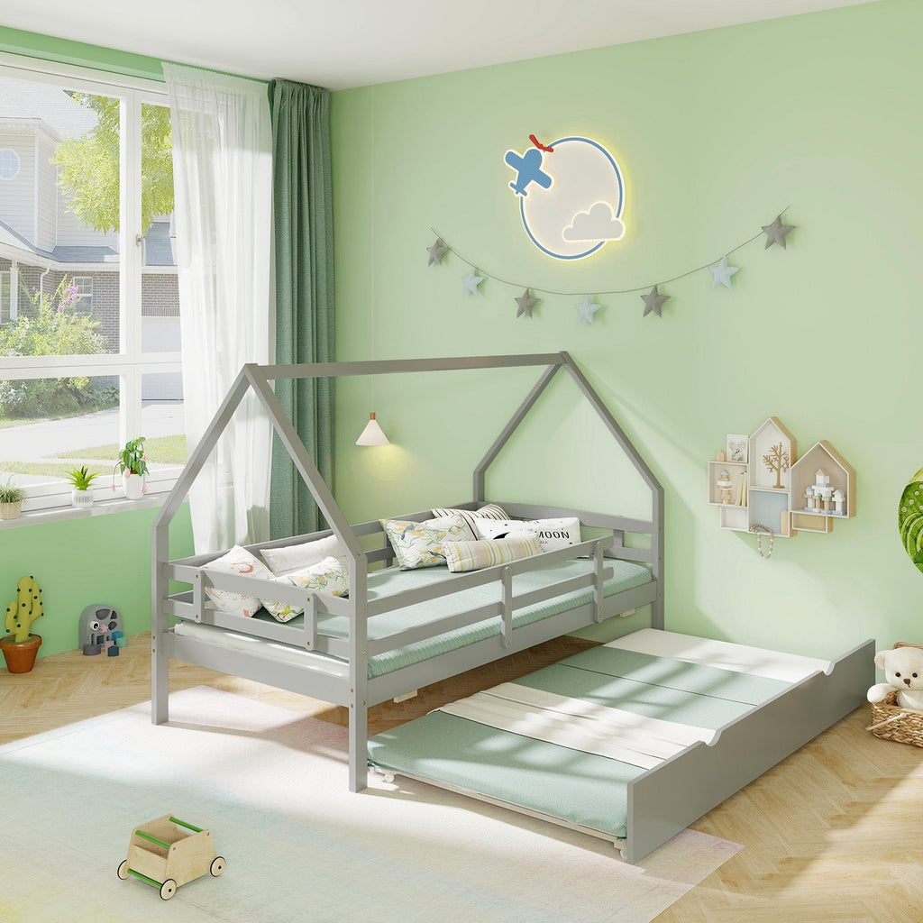 Twin House Bed with Trundle and Fence Rail