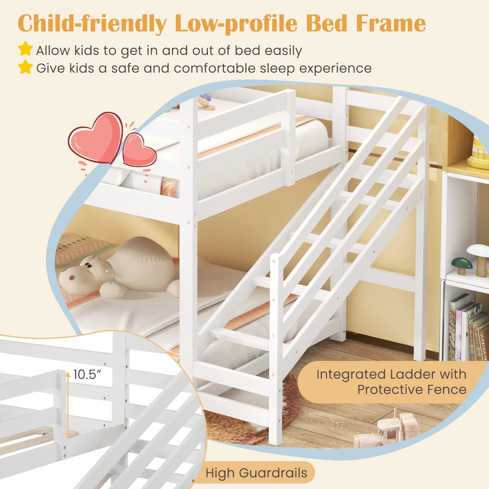 Twin House Bed with Stairs and Roof for Kids-White