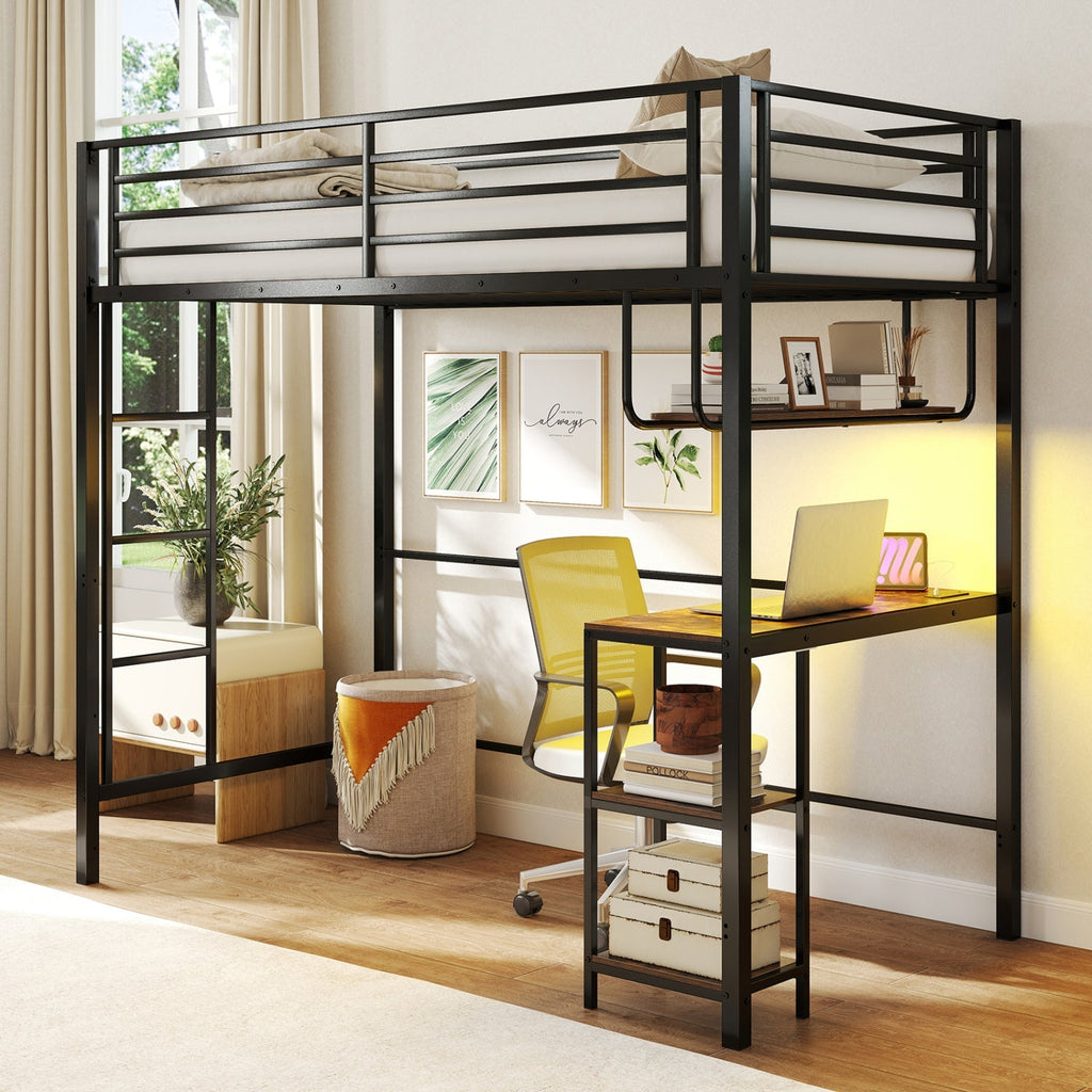 Twin Loft Bed with Desk LED Lights Charging Station Heavy-duty Metal Bed Frame with Guardrail
