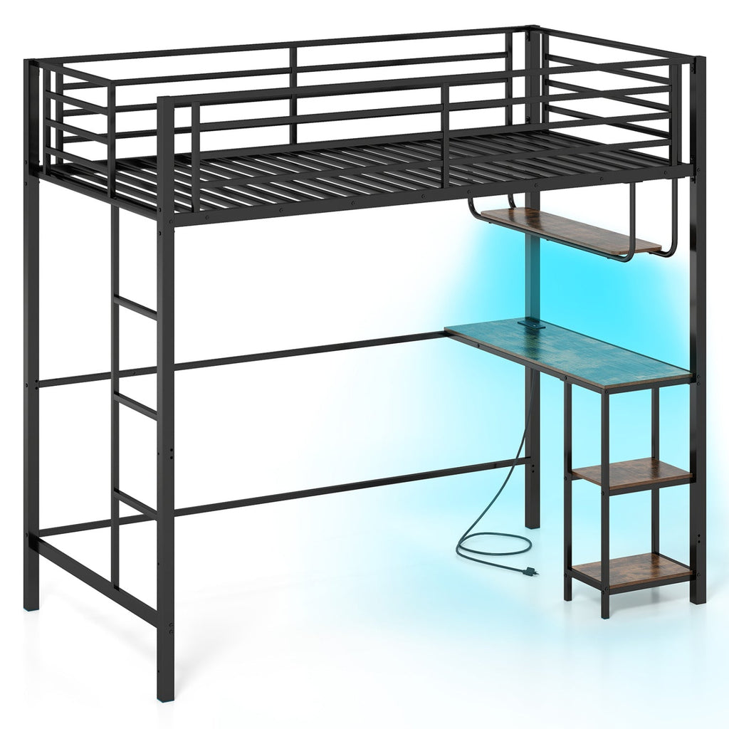 Twin Loft Bed with Desk LED Lights Charging Station Heavy-duty Metal Bed Frame with Guardrail