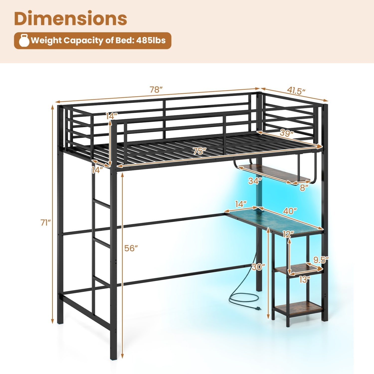 Twin Loft Bed with Desk LED Lights Charging Station Heavy-duty Metal Bed Frame with Guardrail