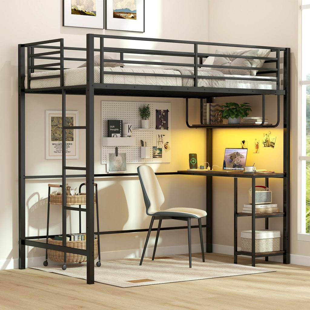 Twin Loft Bed with Desk LED Lights Charging Station Heavy-duty Metal Bed Frame with Guardrail