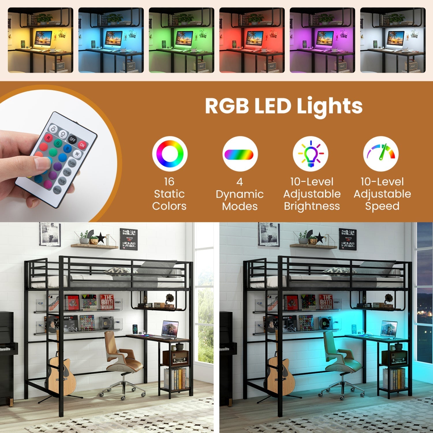 Twin Loft Bed with Desk LED Lights Charging Station Heavy-duty Metal Bed Frame with Guardrail