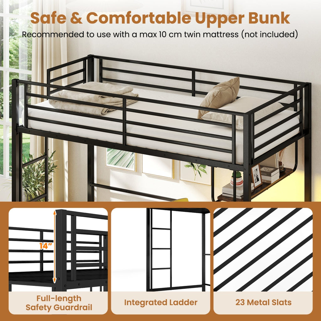 Twin Loft Bed with Desk LED Lights Charging Station Heavy-duty Metal Bed Frame with Guardrail