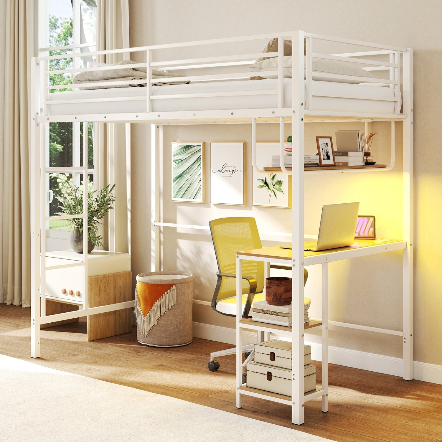 Twin Loft Bed with Desk LED Lights Charging Station Heavy-duty Metal Bed Frame with Guardrail