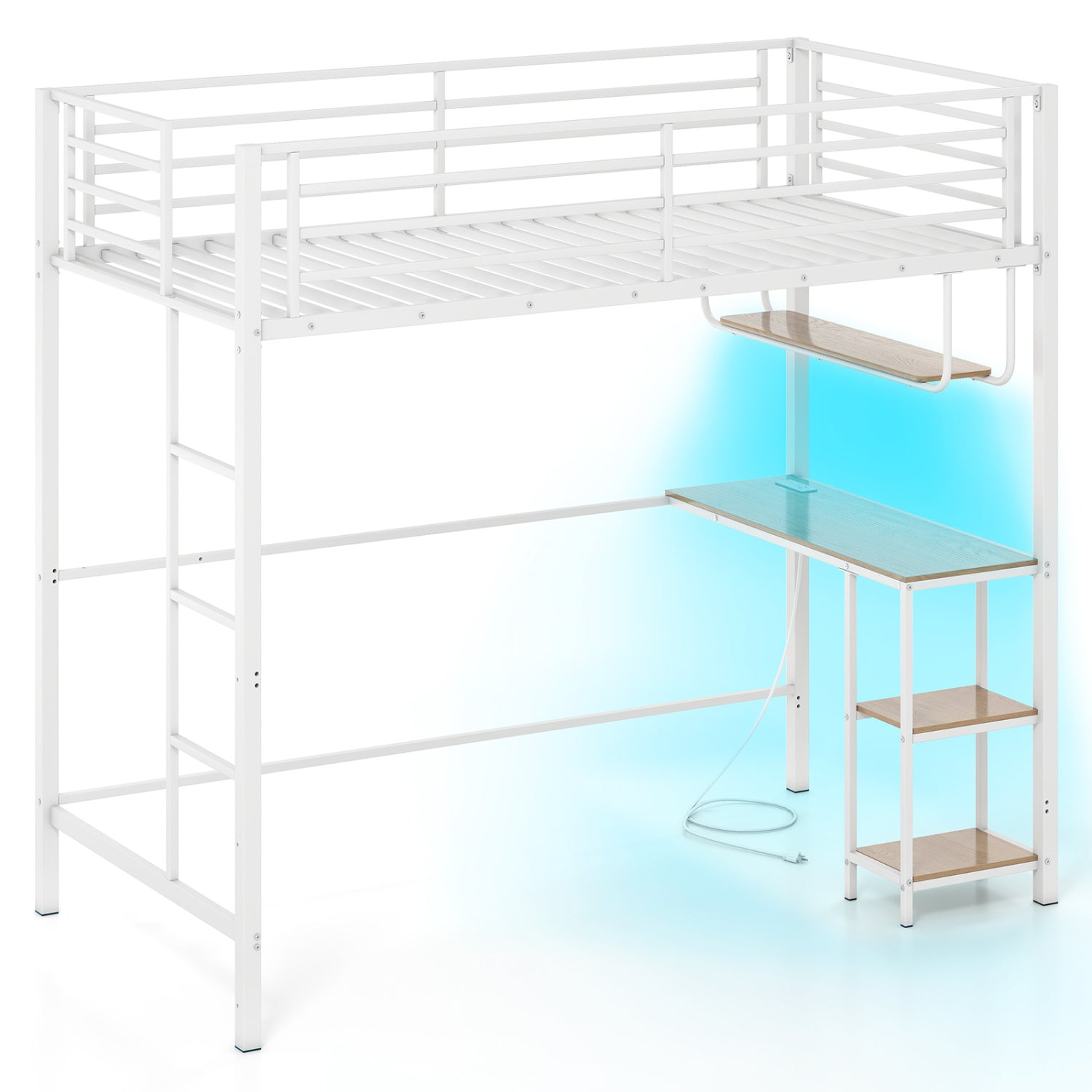 Twin Loft Bed with Desk LED Lights Charging Station Heavy-duty Metal Bed Frame with Guardrail