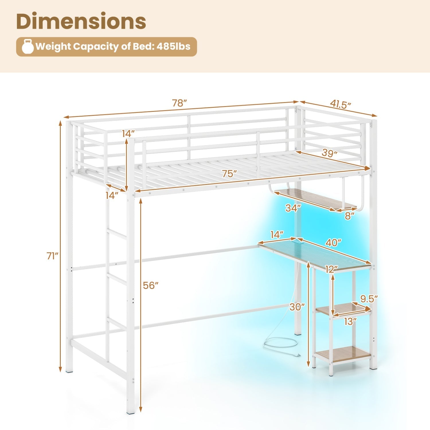 Twin Loft Bed with Desk LED Lights Charging Station Heavy-duty Metal Bed Frame with Guardrail