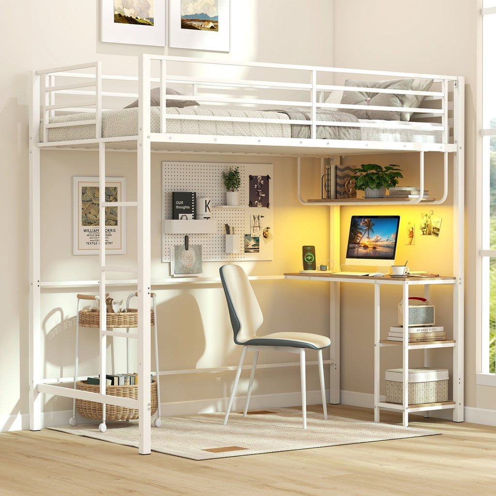 Twin Loft Bed with Desk LED Lights Charging Station Heavy-duty Metal Bed Frame with Guardrail