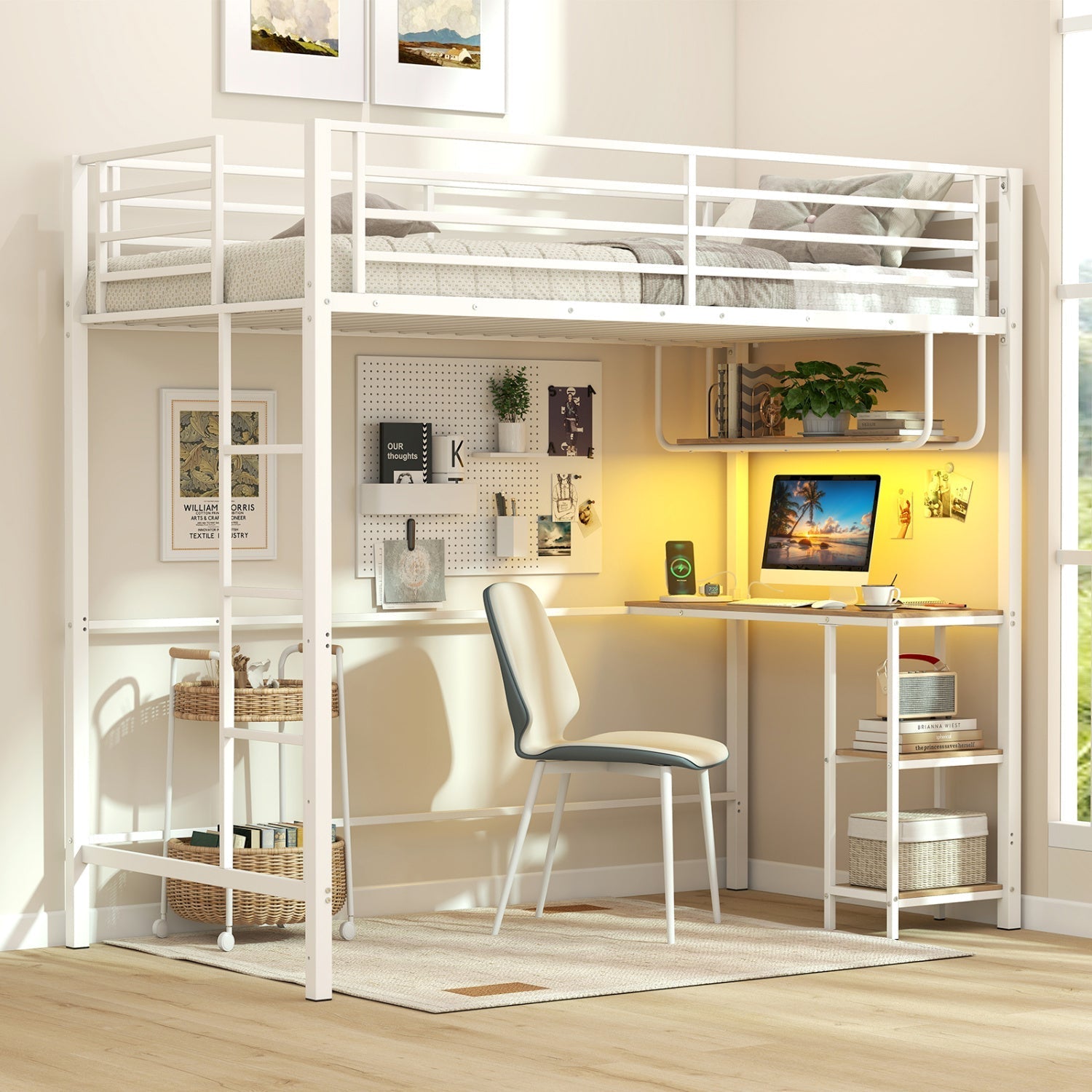 Twin Loft Bed with Desk LED Lights Charging Station Heavy-duty Metal Bed Frame with Guardrail