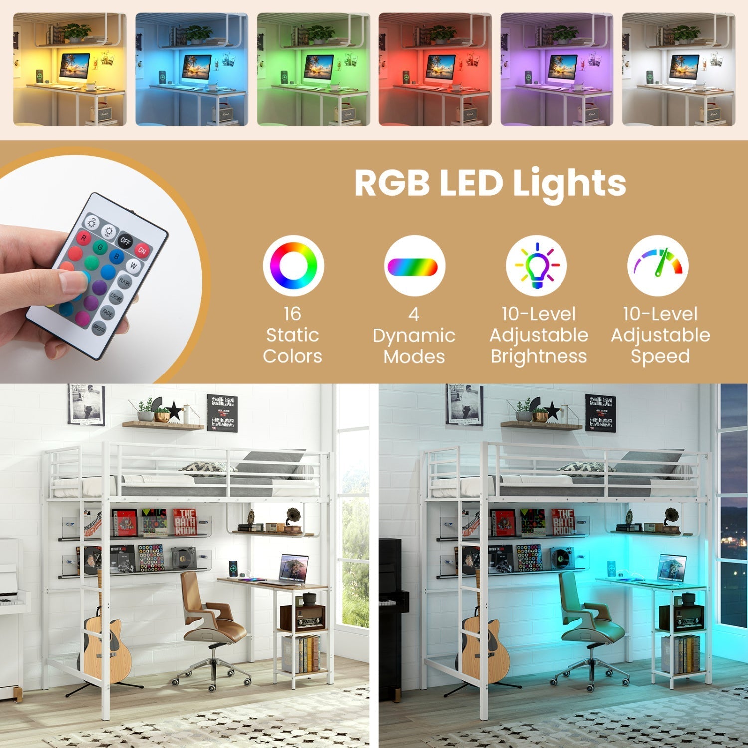 Twin Loft Bed with Desk LED Lights Charging Station Heavy-duty Metal Bed Frame with Guardrail