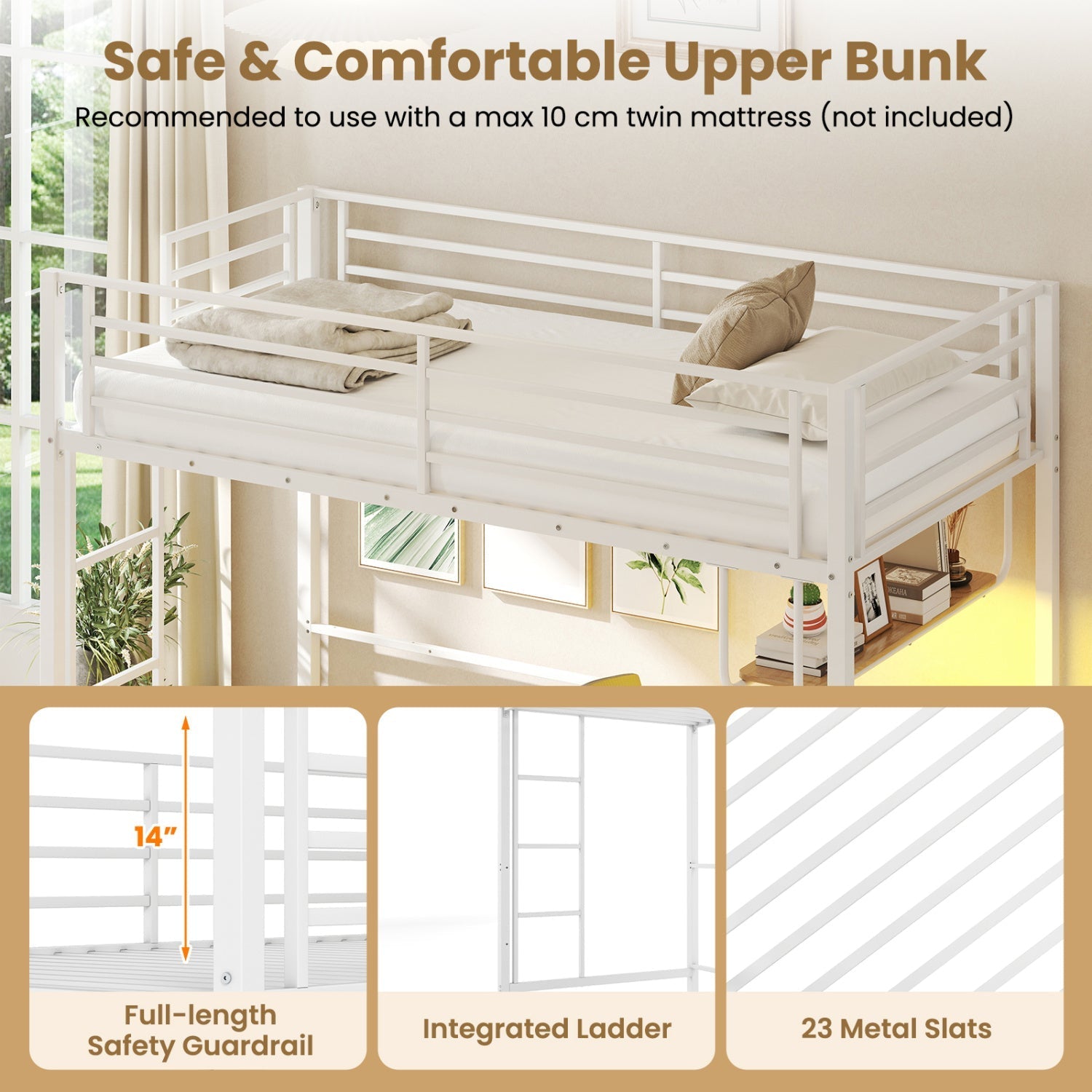 Twin Loft Bed with Desk LED Lights Charging Station Heavy-duty Metal Bed Frame with Guardrail