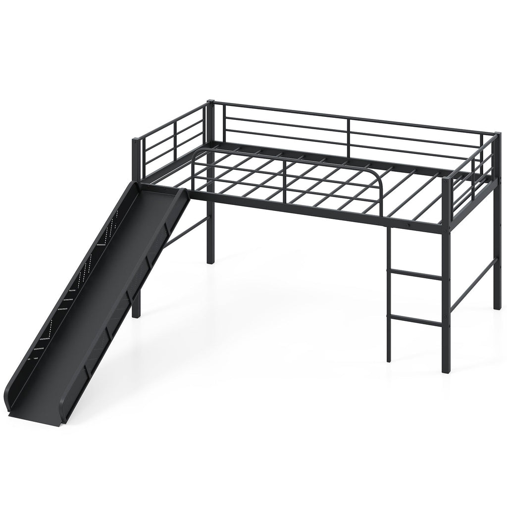 Twin Metal Loft Bed with Slide Safety Guardrails and Built-in Ladder