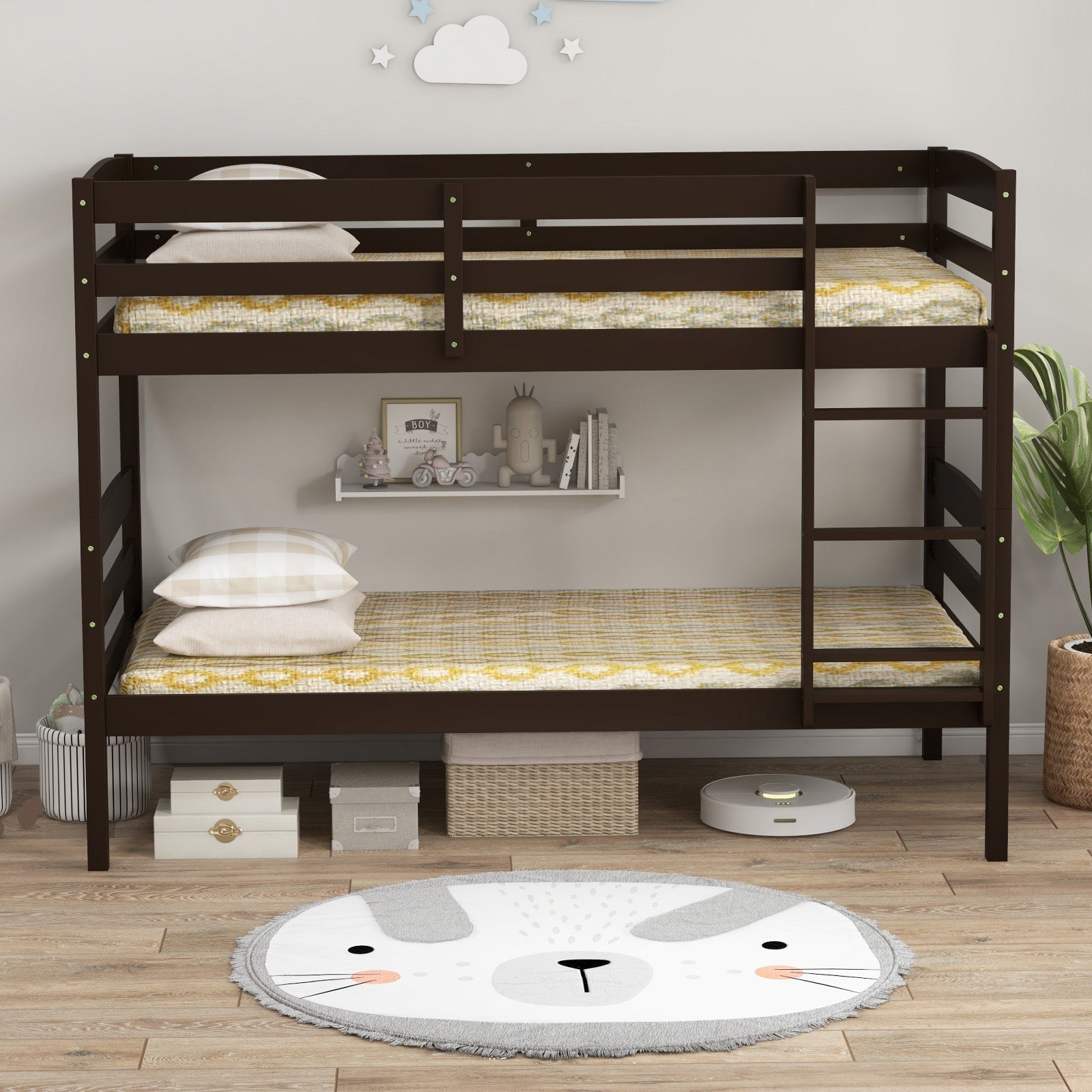 Solid Wood Twin Over Twin Bunk Bed Frame with High Guardrails and Integrated Ladder