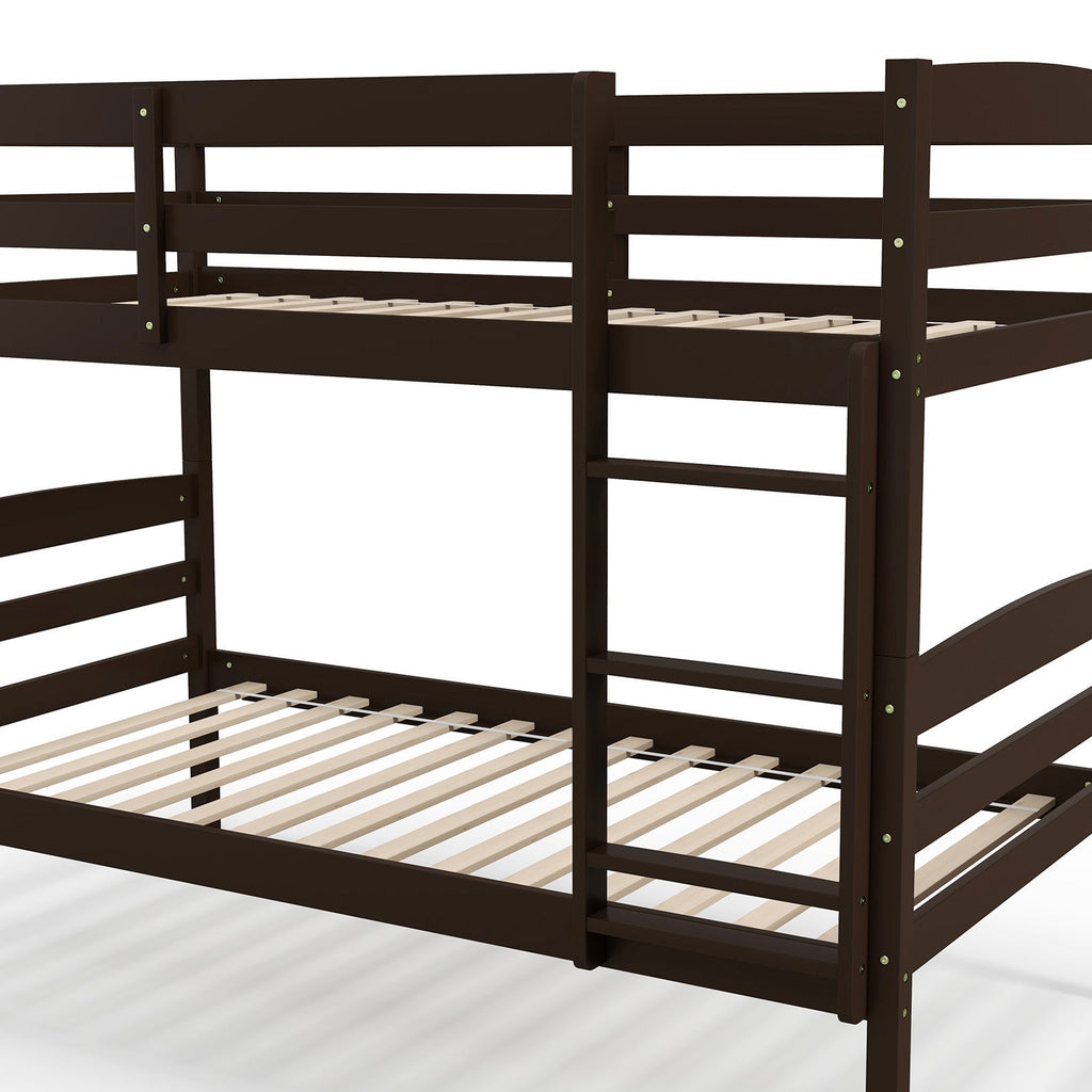 Solid Wood Twin Over Twin Bunk Bed Frame with High Guardrails and Integrated Ladder
