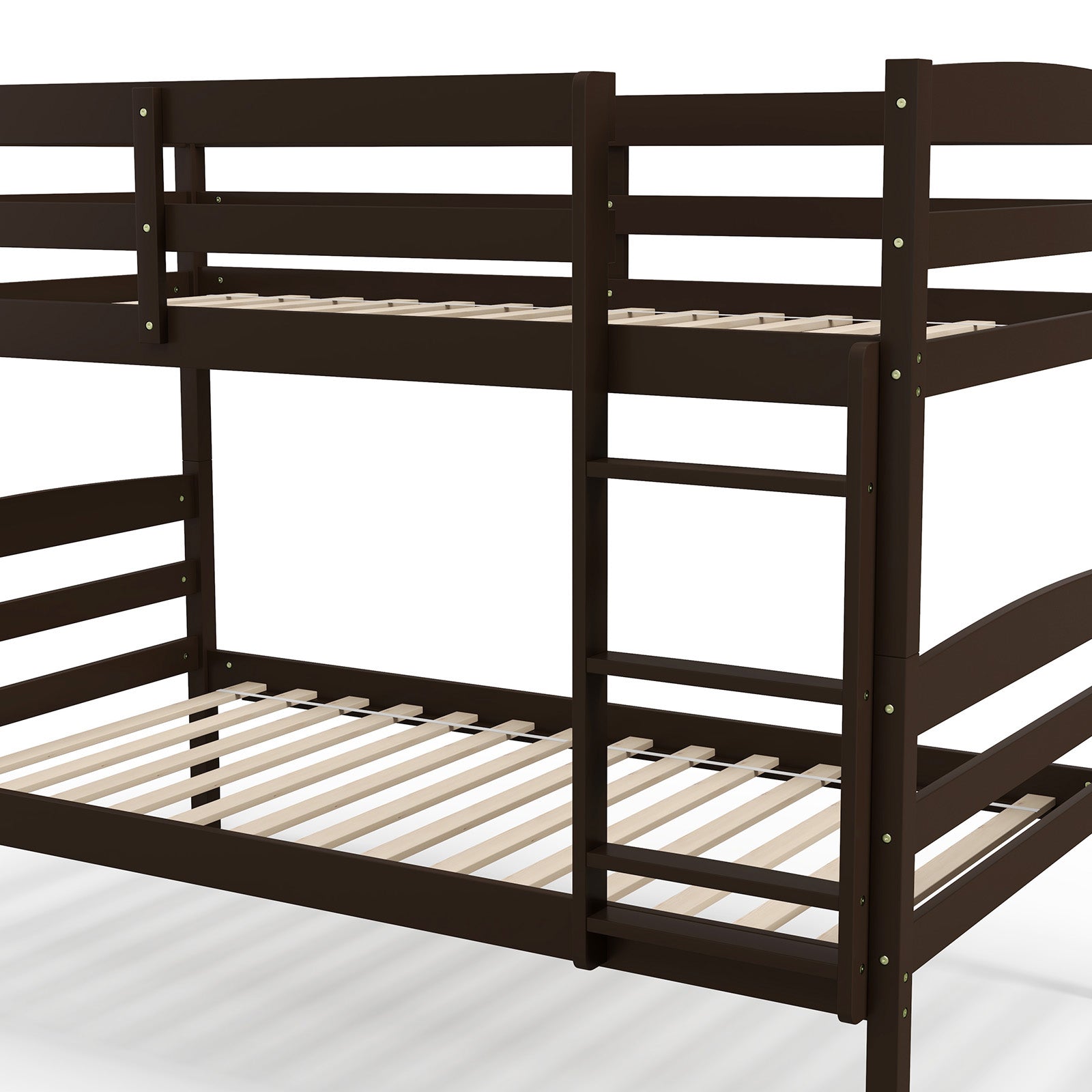 Solid Wood Twin Over Twin Bunk Bed Frame with High Guardrails and Integrated Ladder