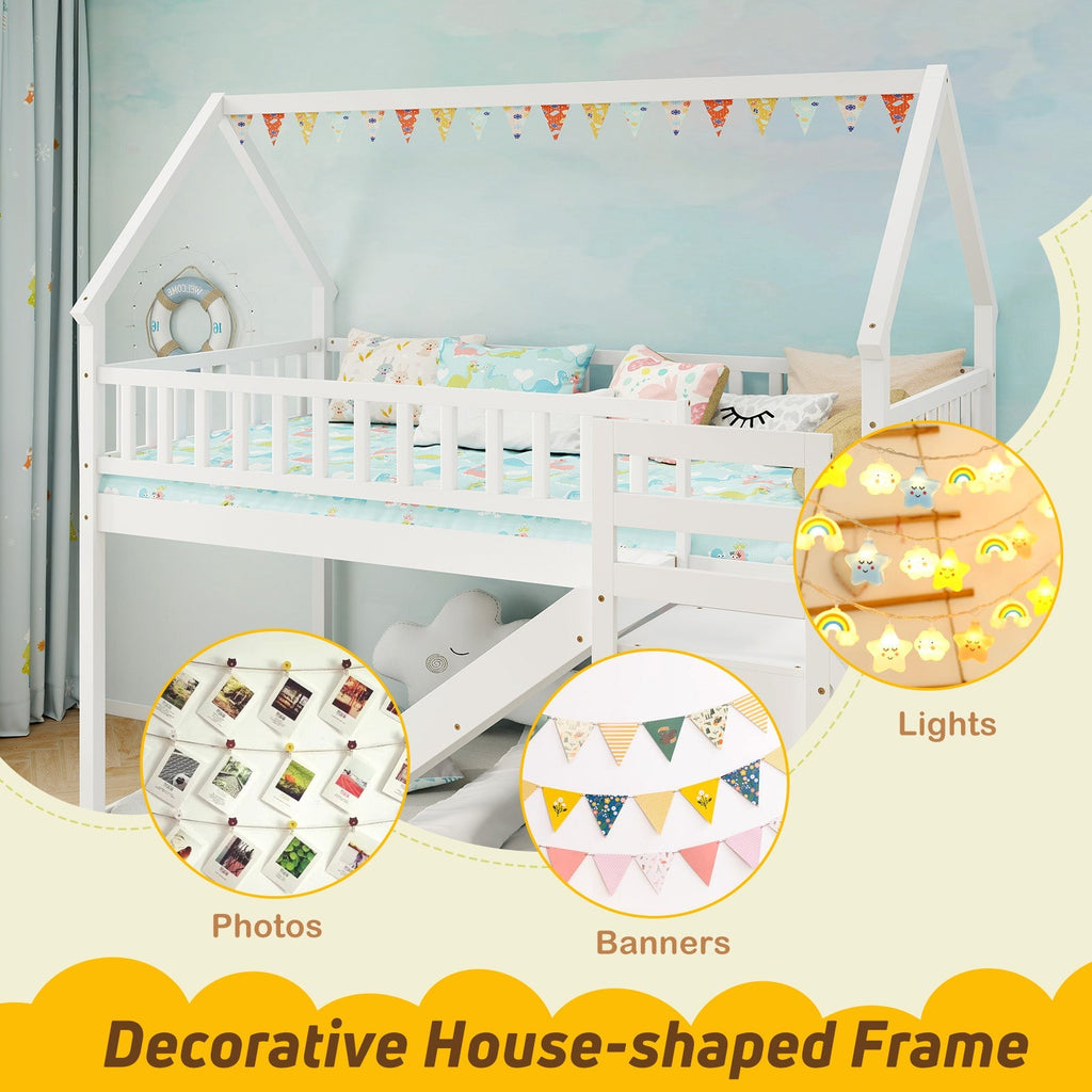 Twin Over Twin Bunk Bed with Slide and Staircase-White