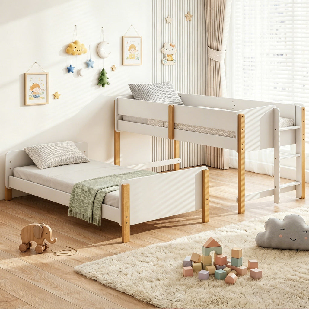 Twin Over Twin Bunk Bed with Convertible Design and Ladder